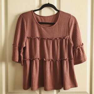 Mauve Waffle Flowy Boho Top with Ruffles Bell Sleeves Size Medium/Large
